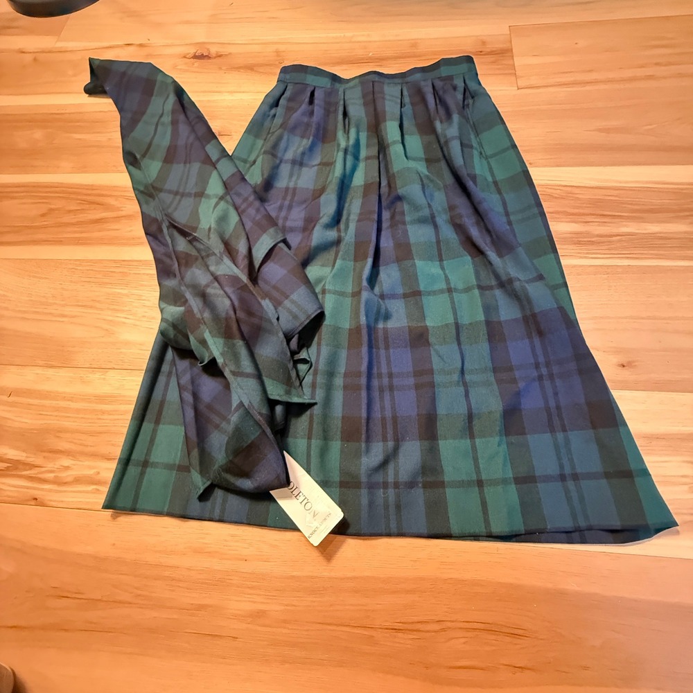 Pendleton NWT Skirt Set Blue Green Black Watch Tartan Wool Vintage 80s SZ 14